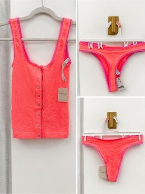Free People Intimately Neon Coral Lace Snap Front Tank & Thong Set NWT XS/S